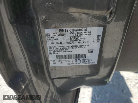 2005 Ford F-150 XLT with VIN 1FTPX14545FA18141, listed as a Copart auction lot 63351605 with 214,597 mi miles and Clean title. Bid and sale history available at DreamBid. Image 12.