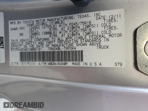 2012 Toyota Tacoma with VIN 5TFPX4EN8CX009191, listed as a Copart auction lot 77690044 with Not Provided miles and Salvage Title. Bid and sale history available at DreamBid. Image 12.