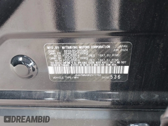 2024 Mitsubishi Eclipse Cross SE with VIN JA4ATWAA9RZ077782, listed as a IAAI auction lot 42136122 with 19,151 mi miles and . Bid and sale history available at DreamBid. Image 9.