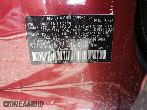 2024 Subaru Ascent Onyx with VIN 4S4WMAHD6R3449010, listed as a Copart auction lot 53148165 with Not provided miles and Salvage title. Bid and sale history available at DreamBid. Image 13.