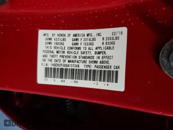 2016 Honda Accord Sport with VIN 1HGCR2F56GA137046, listed as a Copart auction lot 57319325 with 140,401 mi miles and Salvage title. Bid and sale history available at DreamBid. Image 12.