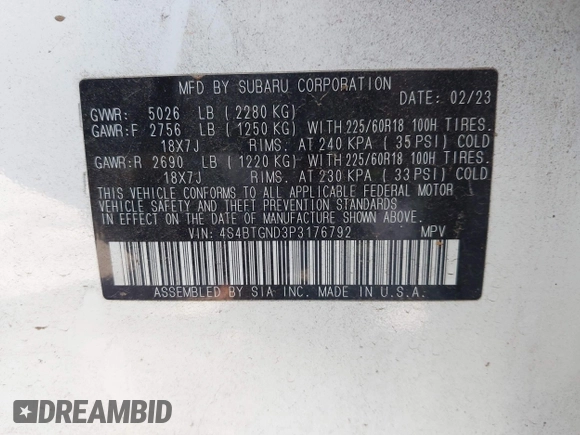 2023 Subaru Outback Limited XT with VIN 4S4BTGND3P3176792, listed as a IAAI auction lot 42077573 with 65,618 mi miles and . Bid and sale history available at DreamBid. Image 9.