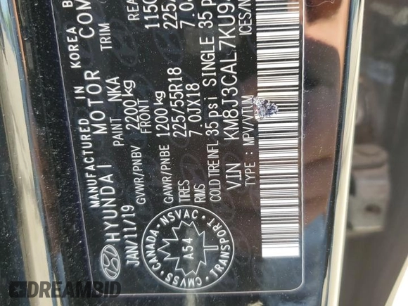 2019 Hyundai Tucson Limited with VIN KM8J3CAL7KU940714, listed as a Copart auction lot 58731815 with 80,885 mi miles and Salvage title. Bid and sale history available at DreamBid. Image 13.