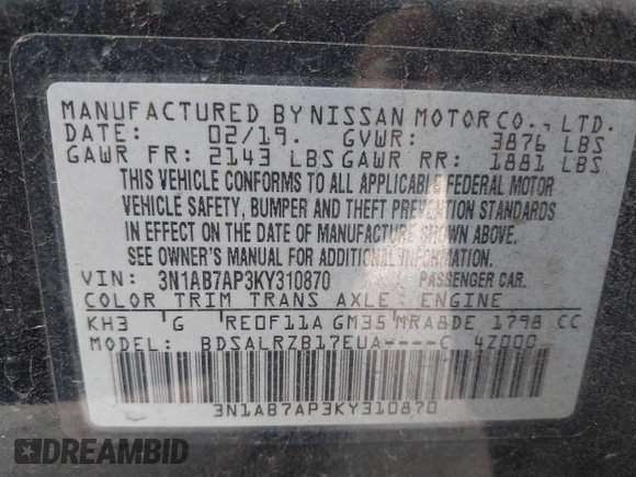 2019 Nissan Sentra SR with VIN 3N1AB7AP3KY310870, listed as a IAAI auction lot 41738748 with 113,168 mi miles and . Bid and sale history available at DreamBid. Image 9.