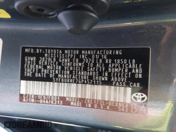 2016 Toyota Corolla L with VIN 5YFBURHE7GP457115, listed as a IAAI auction lot 41998924 with 117,445 mi miles and . Bid and sale history available at DreamBid. Image 9.