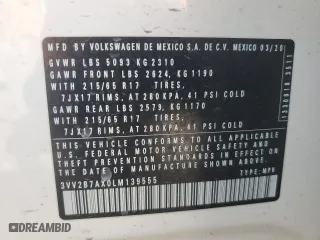2020 Volkswagen Tiguan SE with VIN 3VV2B7AX0LM139555, listed as a Copart auction lot 51920835 with 43,631 mi miles and Salvage Title. Bid and sale history available at carsss.com. Image 13.