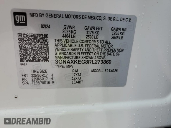 2024 Chevrolet Equinox LT with VIN 3GNAXKEG8RL273860, listed as a Copart auction lot 51754005 with 5,008 mi miles and Salvage Title. Bid and sale history available at DreamBid. Image 13.