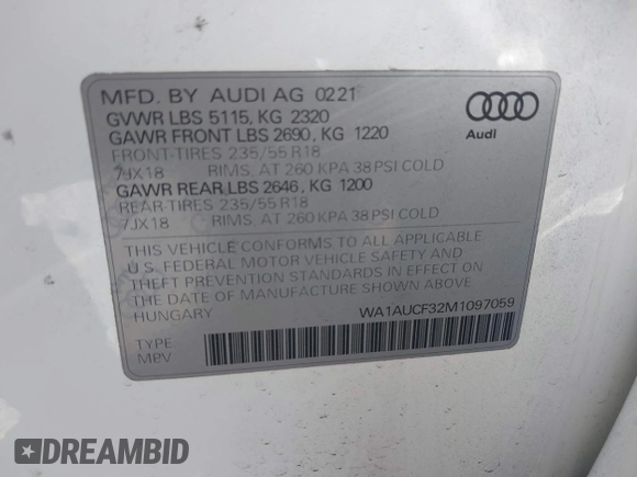 2021 Audi Q3 Premium with VIN WA1AUCF32M1097059, listed as a IAAI auction lot 41825132 with 66,144 mi miles and . Bid and sale history available at DreamBid. Image 9.