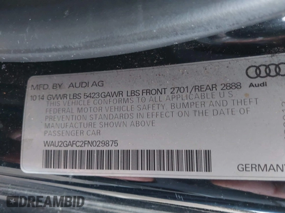 2015 Audi A7 Prestige with VIN WAU2GAFC2FN029875, listed as a IAAI auction lot 42032648 with 116,588 mi miles and . Bid and sale history available at DreamBid. Image 9.