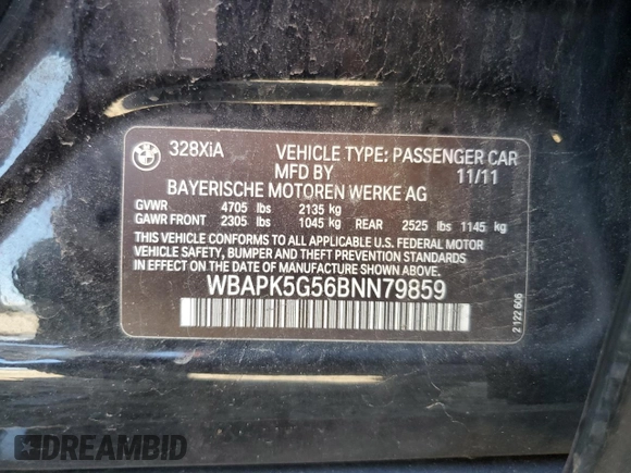 2011 BMW 3 Series 328i xDrive with VIN WBAPK5G56BNN79859, listed as a Copart auction lot 62230175 with 102,895 mi miles and Salvage title. Bid and sale history available at DreamBid. Image 12.