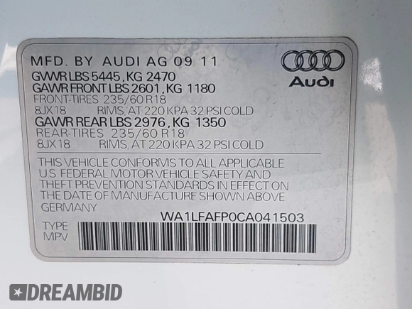 2012 Audi Q5 2.0T Premium Plus with VIN WA1LFAFP0CA041503, listed as a IAAI auction lot 41986454 with 97,925 mi miles. Bid and sale history available at carsss.com. Image 9.
