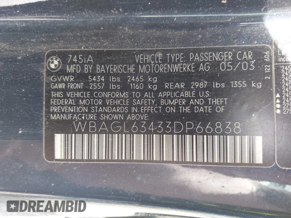 2003 BMW 7 Series 745i with VIN WBAGL63433DP66838, listed as a IAAI auction lot 42548738 with Not provided miles and . Bid and sale history available at DreamBid. Image 9.