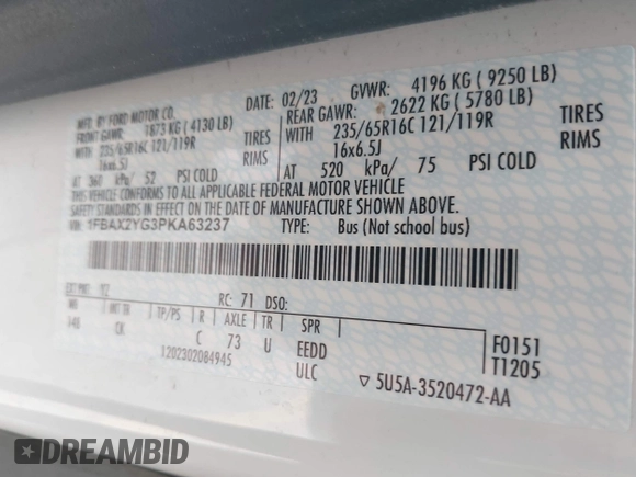 2023 Ford Transit Passenger XL with VIN 1FBAX2YG3PKA63237, listed as a IAAI auction lot 41996063 with 58,429 mi miles and . Bid and sale history available at DreamBid. Image 9.