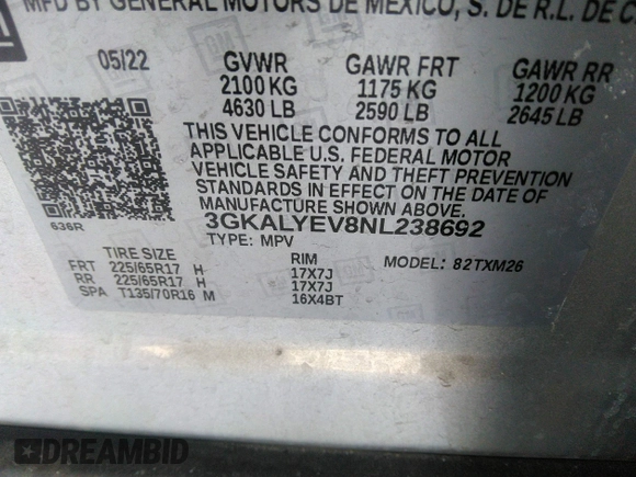 2022 GMC Terrain AT4 with VIN 3GKALYEV8NL238692, listed as a IAAI auction lot 41600473 with 35,768 mi miles and . Bid and sale history available at DreamBid. Image 9.