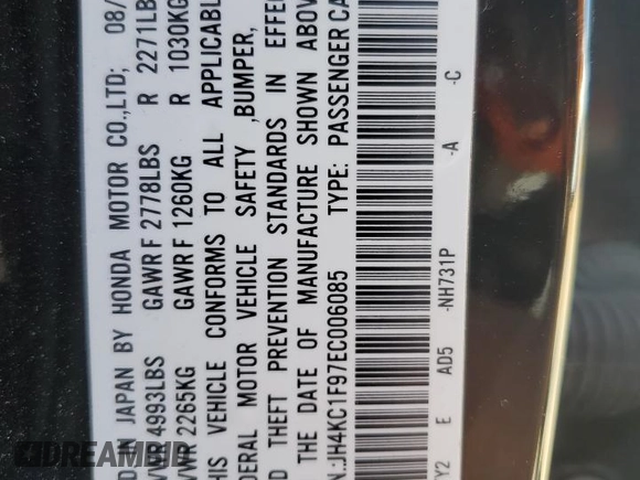 2014 Acura RLX Advance with VIN JH4KC1F97EC006085, listed as a Copart auction lot 48775915 with 172,195 mi miles and Salvage title. Bid and sale history available at DreamBid. Image 14.