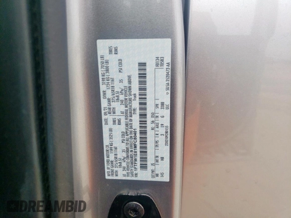 2021 Ford F-150 XL z VIN 1FTFW1E81MFC80401, wystawiony jako Copart lot #60142605 z przebiegiem 125 798 mil mil oraz Szkoda całkowita • Salvage title. Historia ofert i sprzedaży dostępna na DreamBid. Obrazek 12.