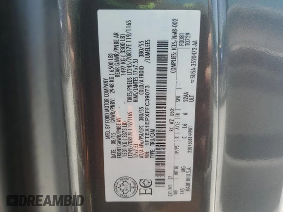 2015 Ford F-150 XLT с VIN 1FTEX1EPXFFC39073, выставлен на аукционе Copart как лот 58967185 с пробегом 170 992 миль миль и Списание • Salvage title. История ставок и продаж доступна на DreamBid. Изображение 13.