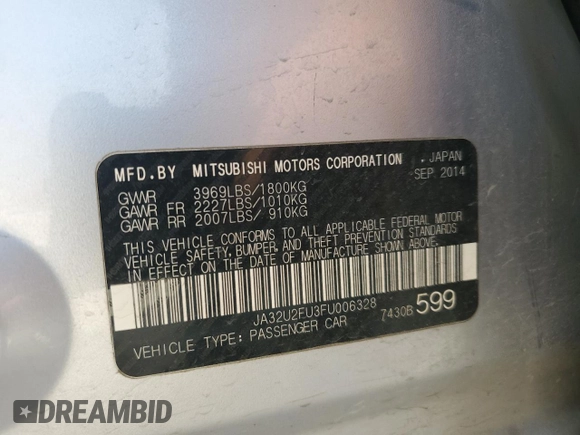 2015 Mitsubishi Lancer ES with VIN JA32U2FU3FU006328, listed as a Copart auction lot 78885914 with 92,274 mi miles and Salvage Title. Bid and sale history available at DreamBid. Image 14.
