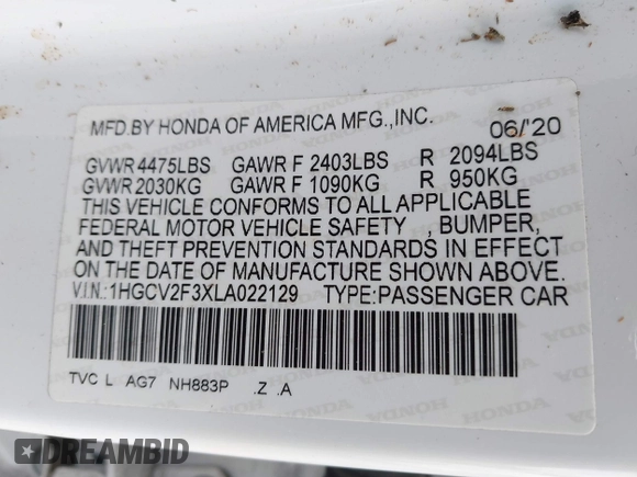 2020 Honda Accord Sport with VIN 1HGCV2F3XLA022129, listed as a IAAI auction lot 42124618 with 73,561 mi miles and . Bid and sale history available at DreamBid. Image 9.