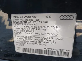 2023 Audi e-tron Chronos с VIN WA1VABGE7PB007536, выставлен на аукционе IAAI как лот 41317344 с пробегом 21 911 миль миль и . История ставок и продаж доступна на DreamBid. Изображение 9.