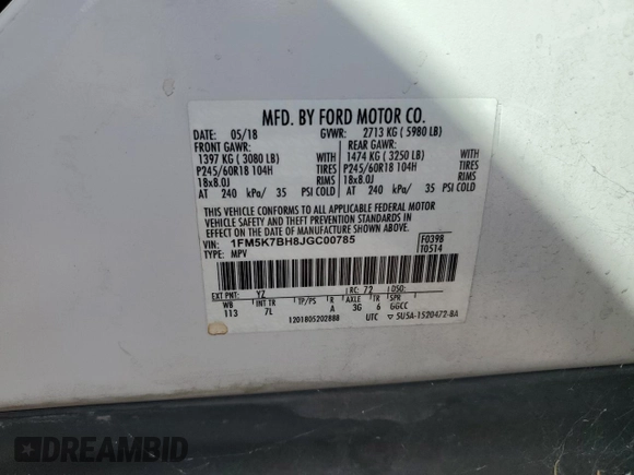 2018 Ford Explorer z VIN 1FM5K7BH8JGC00785, wystawiony jako Copart lot #78742464 z przebiegiem 48 271 mil mil oraz Szkoda całkowita • Salvage title. Historia ofert i sprzedaży dostępna na DreamBid. Obrazek 13.