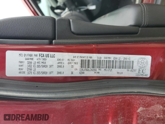 2020 Jeep Grand Cherokee Limited with VIN 1C4RJFBG0LC342956, listed as a Copart auction lot 55724645 with 88,841 mi miles and Salvage title. Bid and sale history available at DreamBid. Image 12.