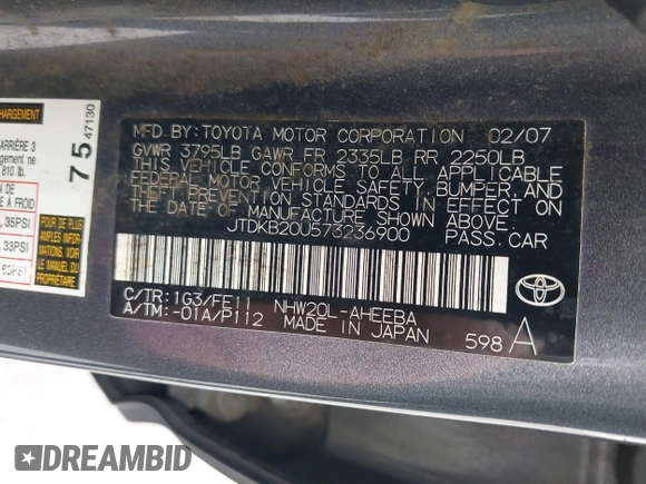 2007 Toyota Prius z VIN JTDKB20U573236900, wystawiony jako IAAI lot #42375325 z przebiegiem Nie podano mil oraz . Historia ofert i sprzedaży dostępna na DreamBid. Obrazek 9.