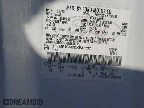 2013 Ford F-150 XL with VIN 1FTMF1CM8DKE32737, listed as a Copart auction lot 49609565 with 90,164 mi miles and Clean Title. Bid and sale history available at carsss.com. Image 12.
