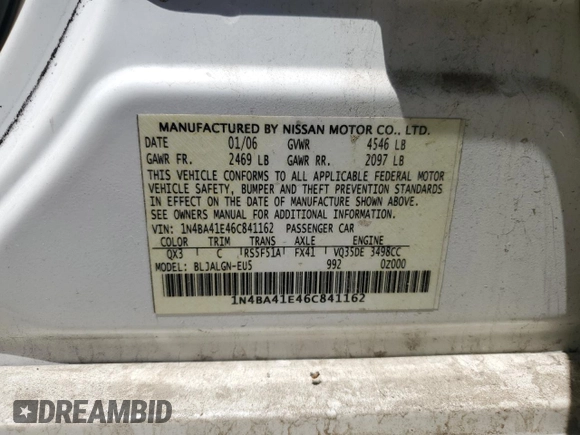 2006 Nissan Maxima SE z VIN 1N4BA41E46C841162, wystawiony jako Copart lot #56487185 z przebiegiem Nie podano mil oraz Czysty tytuł • Clean title. Historia ofert i sprzedaży dostępna na DreamBid. Obrazek 12.