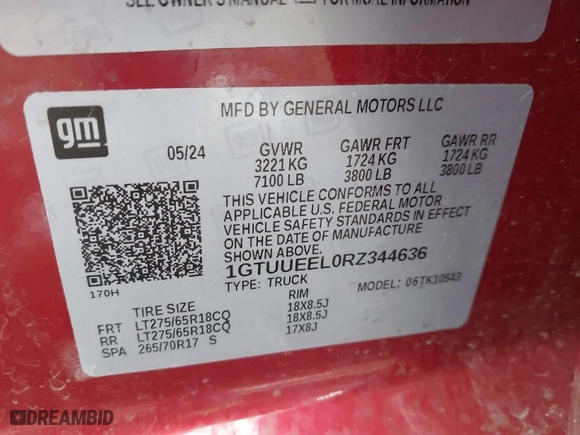 2024 GMC Sierra 1500 AT4 with VIN 1GTUUEEL0RZ344636, listed as a IAAI auction lot 41488640 with 1 mi miles. Bid and sale history available at carsss.com. Image 9.