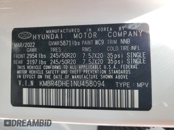 2022 Hyundai Palisade SEL с VIN KM8R4DHE1NU458094, выставлен на аукционе Copart как лот 62136285 с пробегом 36 021 миль миль и Списание • Salvage title. История ставок и продаж доступна на DreamBid. Изображение 13.