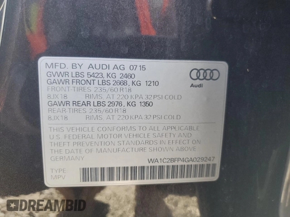 2016 Audi Q5 Premium with VIN WA1C2BFP4GA029247, listed as a Copart auction lot 53309645 with 91,151 mi miles and Salvage Title. Bid and sale history available at carsss.com. Image 13.