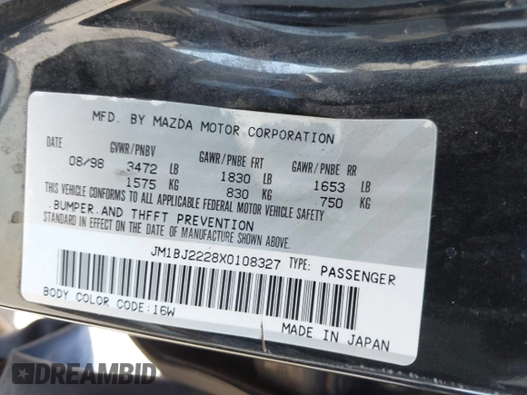 1999 Mazda Protege DX z VIN JM1BJ2228X0108327, wystawiony jako IAAI lot #41630708 z przebiegiem 171 459 mil mil oraz . Historia ofert i sprzedaży dostępna na DreamBid. Obrazek 9.
