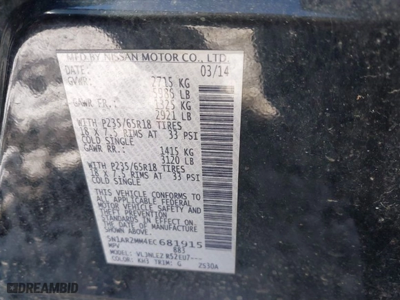 2014 Nissan Pathfinder SV with VIN 5N1AR2MM4EC681915, listed as a IAAI auction lot 41579984 with 221,741 mi miles. Bid and sale history available at carsss.com. Image 9.