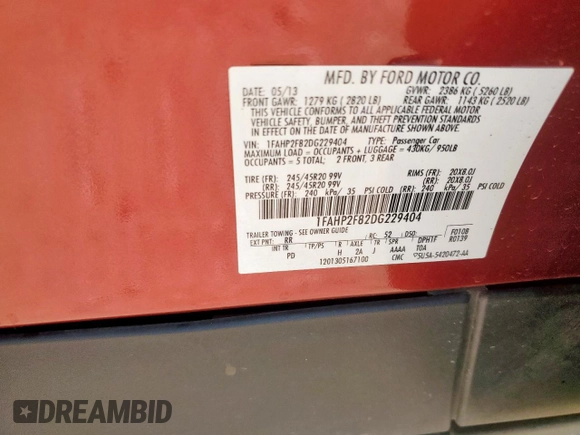2013 Ford Taurus Limited with VIN 1FAHP2F82DG229404, listed as a Copart auction lot 57982925 with 75,355 mi miles and Salvage title. Bid and sale history available at DreamBid. Image 13.