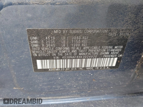 2019 Subaru Legacy Premium with VIN 4S3BNAF6XK3024920, listed as a IAAI auction lot 42021302 with 78,621 mi miles. Bid and sale history available at carsss.com. Image 9.