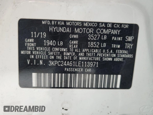 2020 Hyundai Accent SE with VIN 3KPC24A61LE113971, listed as a Copart auction lot 46341335 with 92,794 mi miles and Salvage Title. Bid and sale history available at carsss.com. Image 12.