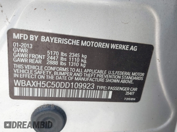 2013 BMW 5 Series 528i xDrive z VIN WBAXH5C50DD109923, wystawiony jako IAAI lot #42328644 z przebiegiem 129 764 mil mil oraz . Historia ofert i sprzedaży dostępna na DreamBid. Obrazek 9.