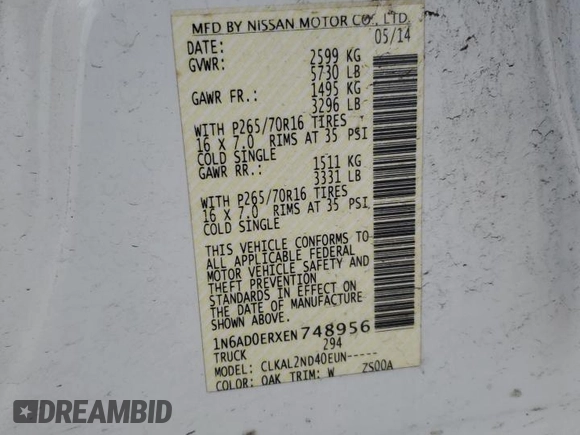 2014 Nissan Frontier SV z VIN 1N6AD0ERXEN748956, wystawiony jako Copart lot #50951245 z przebiegiem 113 022 mil mil oraz Nie do naprawy • Non repairable. Historia ofert i sprzedaży dostępna na DreamBid. Obrazek 13.