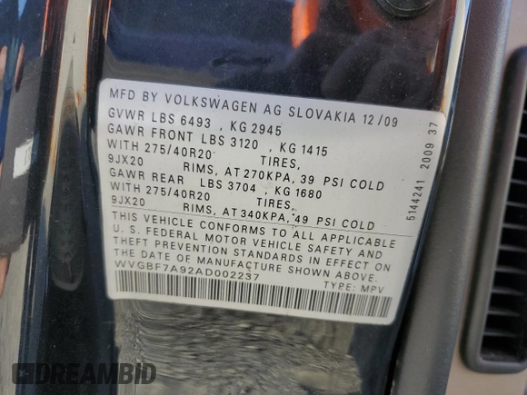 2010 Volkswagen Touareg VR6 with VIN WVGBF7A92AD002237, listed as a Copart auction lot 73919754 with 124,072 mi miles and Salvage Title. Bid and sale history available at DreamBid. Image 12.