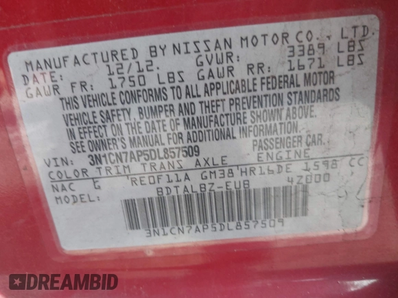 2013 Nissan Versa SV with VIN 3N1CN7AP5DL857509, listed as a IAAI auction lot 42365726 with 75,669 mi miles and . Bid and sale history available at DreamBid. Image 9.