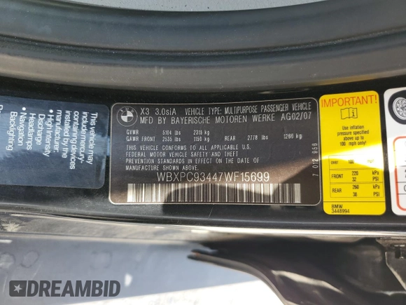 2007 BMW X3 3.0si with VIN WBXPC93447WF15699, listed as a Copart auction lot 66615254 with 105,166 mi miles and Salvage Title. Bid and sale history available at DreamBid. Image 15.