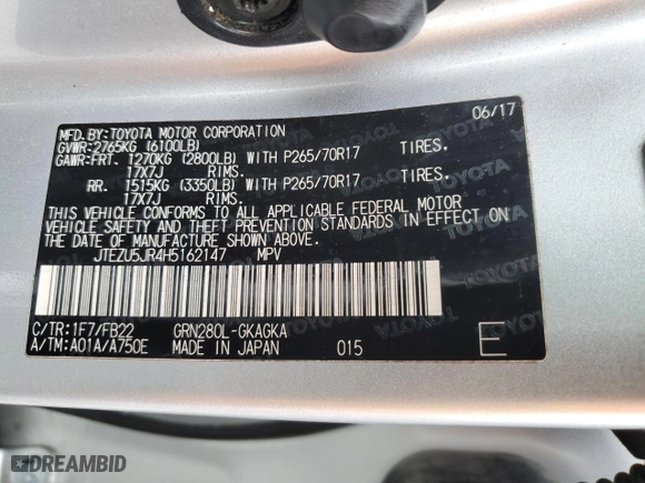 2017 Toyota 4Runner SR5 with VIN JTEZU5JR4H5162147, listed as a Copart auction lot 79266064 with 121,766 mi miles and Salvage Title. Bid and sale history available at carsss.com. Image 13.