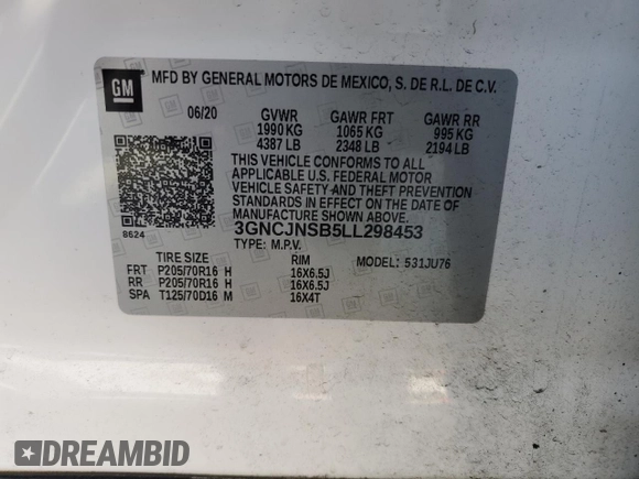 2020 Chevrolet Trax LS z VIN 3GNCJNSB5LL298453, wystawiony jako Copart lot #59903695 z przebiegiem 58 832 mil mil oraz Szkoda całkowita • Salvage title. Historia ofert i sprzedaży dostępna na DreamBid. Obrazek 14.