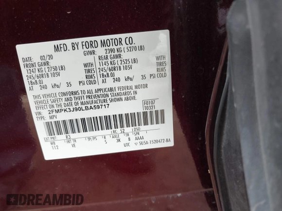 2020 Ford Edge SEL with VIN 2FMPK3J90LBA59717, listed as a IAAI auction lot 42110510 with 71,244 mi miles and . Bid and sale history available at DreamBid. Image 9.