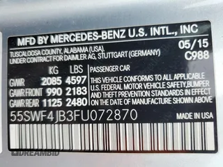 2015 Mercedes-Benz C-Class C 300 with VIN 55SWF4JB3FU072870, listed as a Copart auction lot 45989365 with 80,019 mi miles and Salvage Title. Bid and sale history available at carsss.com. Image 14.