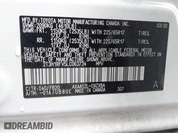 2020 Toyota RAV4 LE with VIN 2T3H1RFV5LC063734, listed as a IAAI auction lot 41652760 with 57,797 mi miles. Bid and sale history available at carsss.com. Image 9.