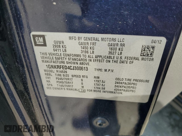 2012 Chevrolet Traverse LS with VIN 1GNKRFED4CJ300613, listed as a Copart auction lot 52906305 with 177,912 mi miles and Salvage Title. Bid and sale history available at DreamBid. Image 14.