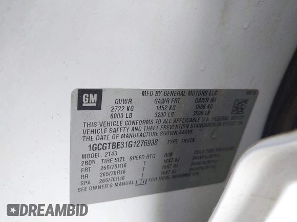 2016 Chevrolet Colorado 4WD WT with VIN 1GCGTBE31G1276938, listed as a IAAI auction lot 42318048 with 226,836 mi miles and . Bid and sale history available at DreamBid. Image 9.