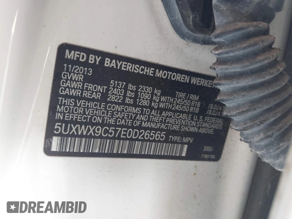 2014 BMW X3 xDrive28i with VIN 5UXWX9C57E0D26565, listed as a IAAI auction lot 42173843 with 110,266 mi miles and . Bid and sale history available at DreamBid. Image 9.